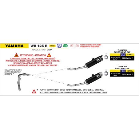 COLLECTEUR ARROW RACING INOX AVEC PARE CHALEUR CARBONE YAMAHA WR125R